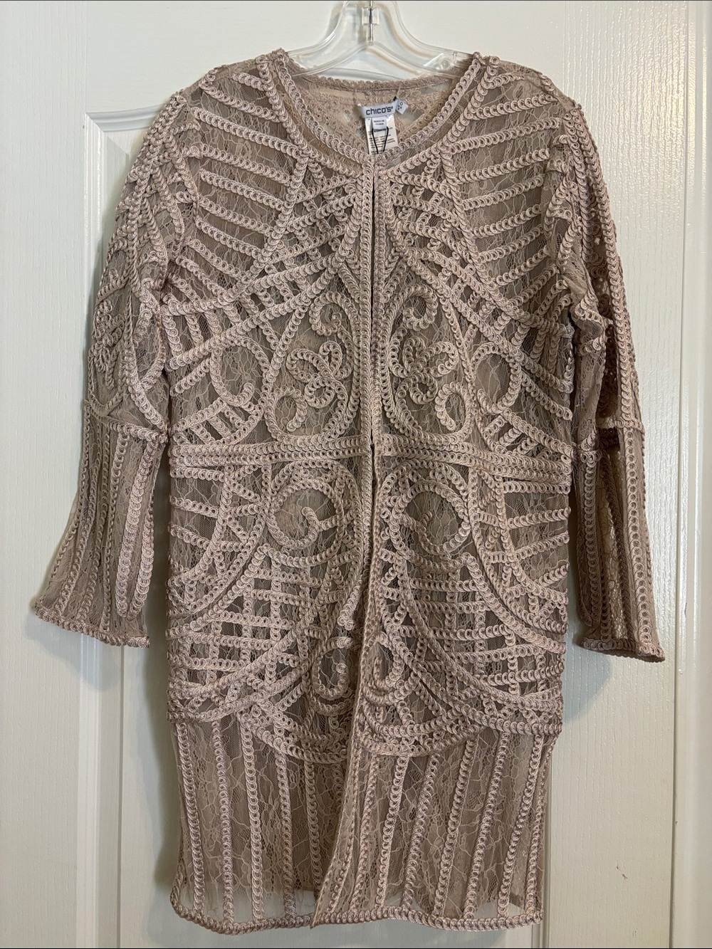 Chico's Taupe Crochet Long Sleeve -Travelers, Embroidered Lace Jacket